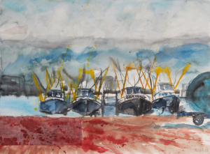 Fischerboote im Hafen - 76x56 Aquarell Collage - 2021