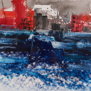 Hafen Container Frachter - 40x40 Aquarell - 2021