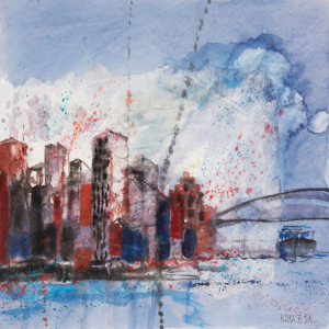 Skyline am Wasser - 40x40 Aquarell Collage - 2021